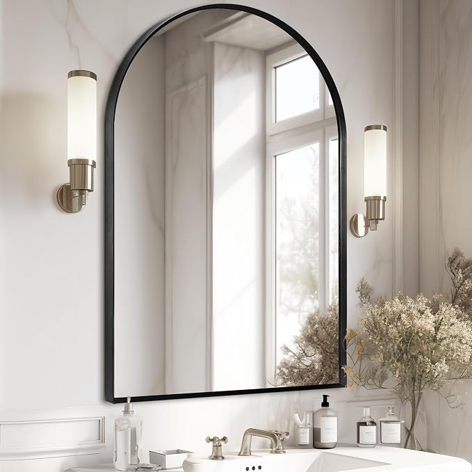 30" x 48" Black Arched Mirror, Arch Wall Mirror, Metal Frame Black Bathroom by Minuover