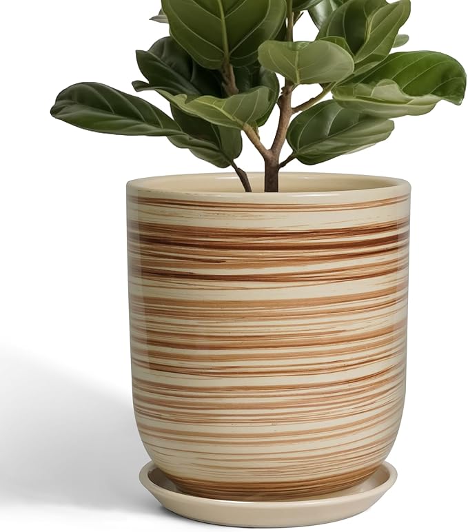 Ceramic Planter 10 Inch - Ceramic Pots for Indoor Plants Outdoor Large Plant Pot with Drainage Hole and Saucer Cylinder Flower Pot Yellow