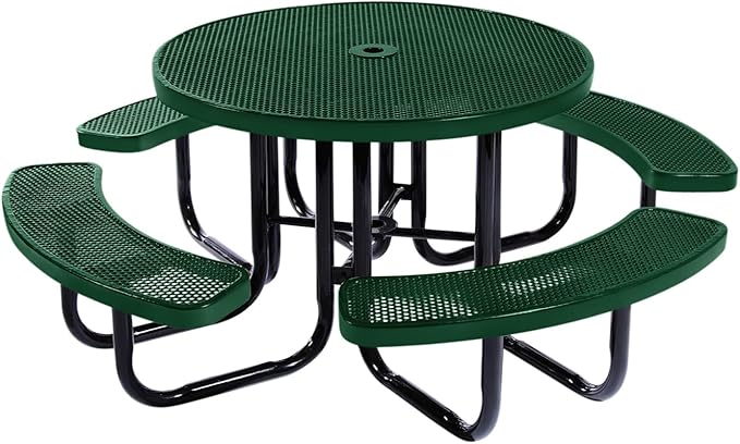 Heavy-Duty Portable Outdoor Picnic Table with Umbrella Hole, Punched Steel Commercial-Grade Patio Dining Furniture Made in America (46" Round Top, Green)