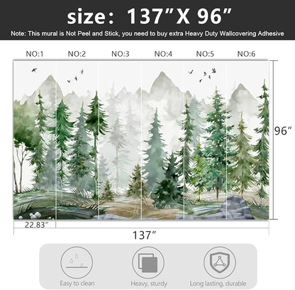 -Green Cartoon Pine Forest Nursery Fabric Wallpaper - Image 4