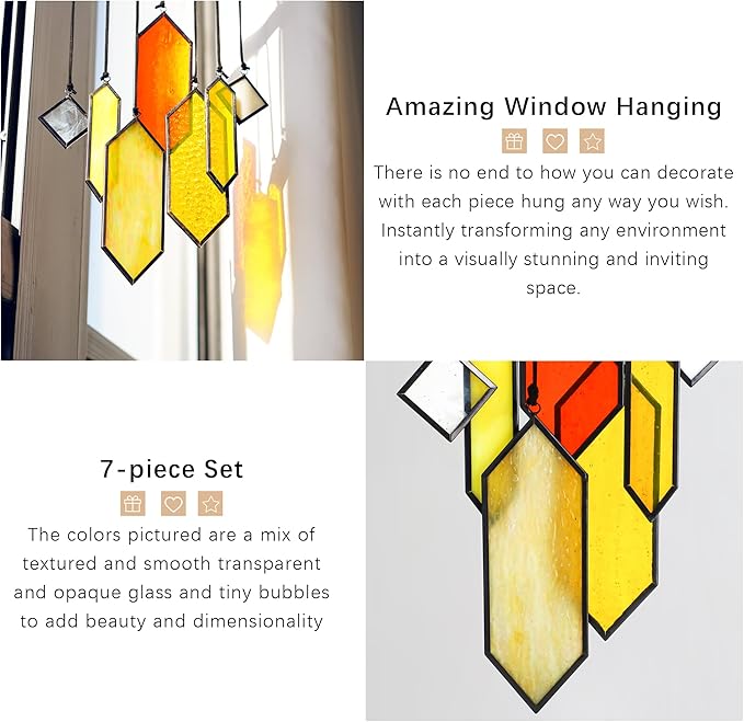 HDCRYSTALGIFTS 7pieces Stained Glass Window Hanging Suncatchers Handcrafted Modern Sunset Glow Design Stained Glass Wall Art Sun Catcher for Home Garden Decoration Reconfigurable