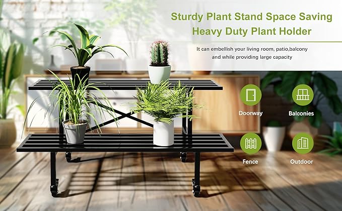 Zhongma 2 Tier Sturdy Metal Plant Stand with Wheels, L35.43 x W17.5 x H16.14 inch, Heavy Duty Plant Holder for Home Indoor and Outdoor,440 LBS Capacity & Heavy Duty Construction