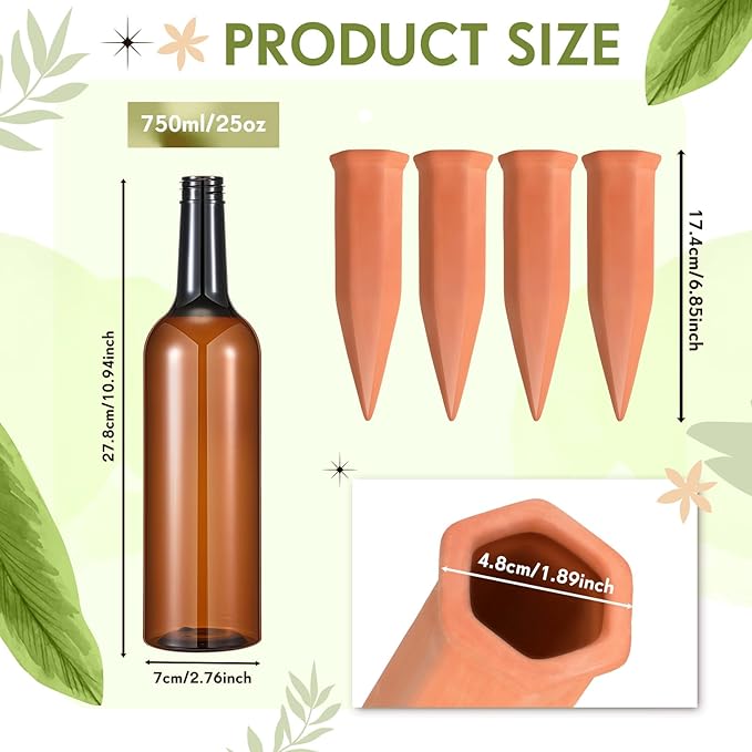 Baderke 8 Pcs 4 Set Plant Watering Devices, Terracotta Watering Spikes with 25 oz Plastic Wine Bottles, Slow Release Vacation Insert Automatic Plant Waterer Device for Indoor Outdoor