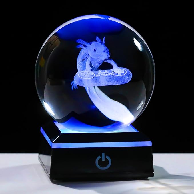 Axolotl Glass Animals Gamer Room Decor - 3D Crystal Ball Night Light Statue, 3.15'' Gamer Gifts for Kids