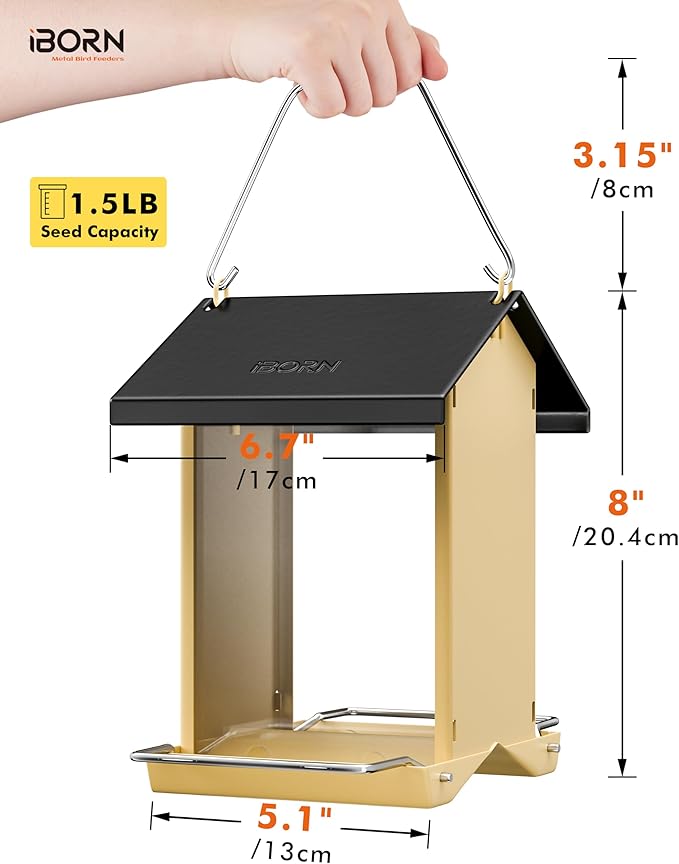 iBorn Bird Feeders for Outdoors,Bird House Feeder with Weatherproof Metal Roof & 8 Drain Holes,Fully Detachable Birdfeeder Design,Easy Clean & Refill,Chew-Proof PC Windows,1.5 Lbs Capacity,Black Roof