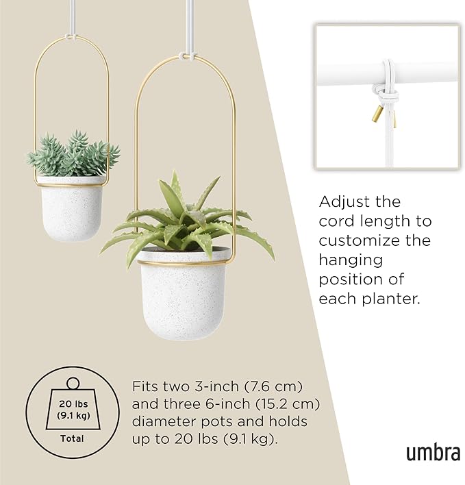 Umbra Triflora Hanging Planter for Window, Indoor Herb Garden, Set of 5, White/Brass