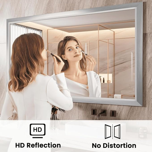 Amorho Bathroom Mirror, 55x32 Inch Silver Thick Metal Framed Wall Mirrors - Image 2