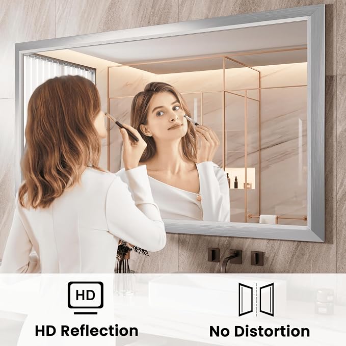 Amorho Bathroom Mirror, 55x40 Inch Silver Thick Metal Framed Wall Mirrors - Image 2