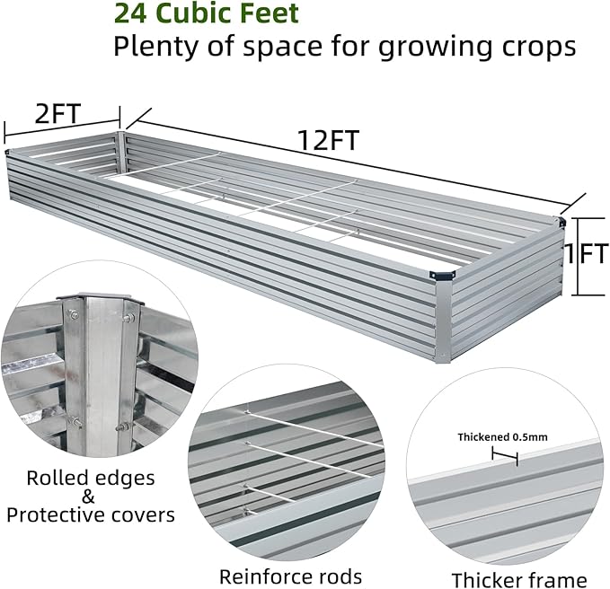12x2x1FT Galvanized Raised Garden Beds Kit Large Outdoor Metal Gardening Planter Box for Vegetable Elevated Flower Herbs, Silver