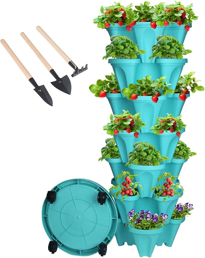 Vertical Planter 7 Tier Stackable Planters Garden Planters Strawberry Herb Flower and Vegetable Planter Indoor Outdoor Gardening Pots with Removable Wheels and Tools