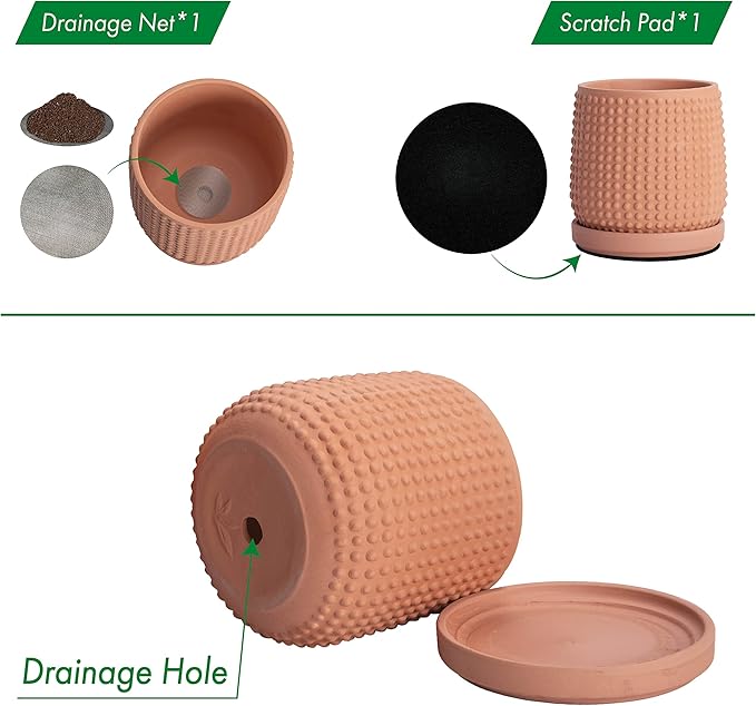 D'vine Dev 4 Inch Terracotta Beaded Planter Pot - Flower Pot with Drainage Holes and Saucers for Indoor Succulent Plants or Flowers,Terracotta, 27-C-Z-7