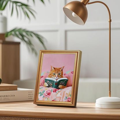 Fantasy Artists Gold Framed Wall Art Prints, Cute Orange Cat Reading a Green - Image 4