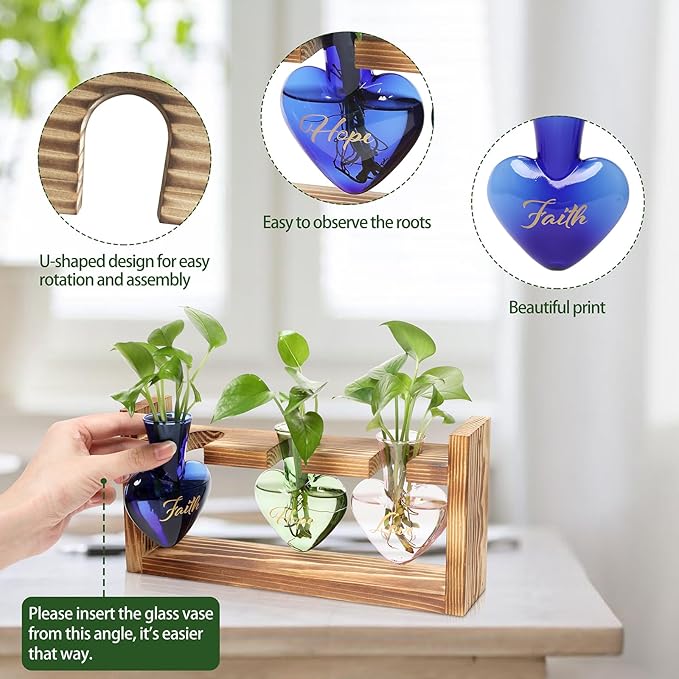 Plant Terrarium Propagation Stations Faith Hope Love Hydroponics Home Garden Decoration Gift for Women with Wooden Stand Heart Shaped Colored Glass Vase