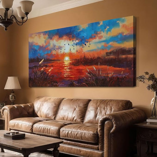 Anolyfi Sunset Wall Art for Living Room, Reed Lake Wall Decor Red Artwork for - Image 2