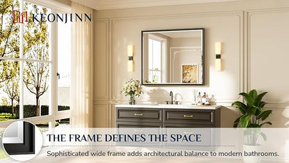 Keonjinn 42" x 36" Black Bathroom Vanity Mirror, Brushed Black Metal Framed - Image 7