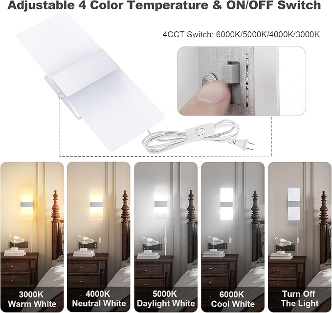 TRLIFE Modern Wall Sconce, Adjustable 4 Color Temperature LED Wall Sconce Plug - Image 2