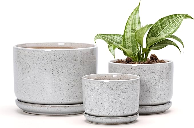 Ton Sin Plant Pots, 4.1+5.1+6.5 inch, Set of 3, Ceramic Planters with Drainage Hole and Saucer, Indoor Flower Pot with Hole Mesh Pad, Gifts for Mom(Reactive Glaze White)