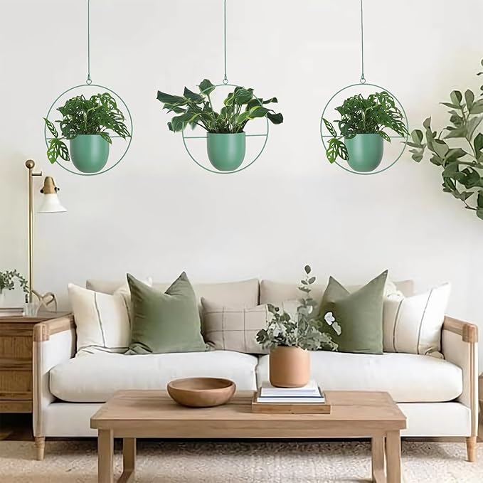 Metal Hanging Planter for Indoor Outdoor Plants Wall and Ceiling Hanging Basket for Vines Ferns Modern Minimalist Plant Hanger Room Window Decor(Green)