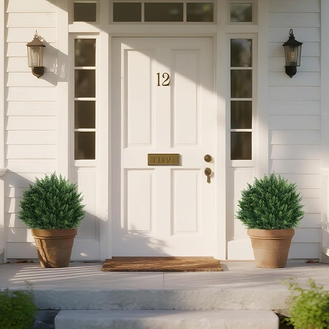 Artificial Set of 2 Cedar Topiary Ball Trees 16" for Outdoors with Ground Spike, UV Resistant Faux Cypress Plants, Evergreen Shrubs Bushes for Front Porch Garden Backyard Decor