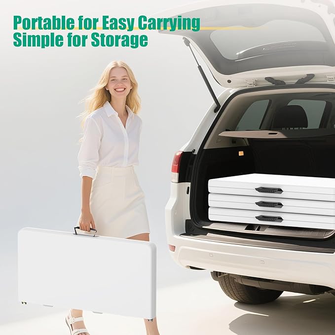 HLPB 34'' Square Folding Card Table, Fold-in-Half Portable Dining Table with Handle and Safety Lock, Foldable Plastic Dining Table Indoor Outdoor for Camping, Picnic and Party Event, White