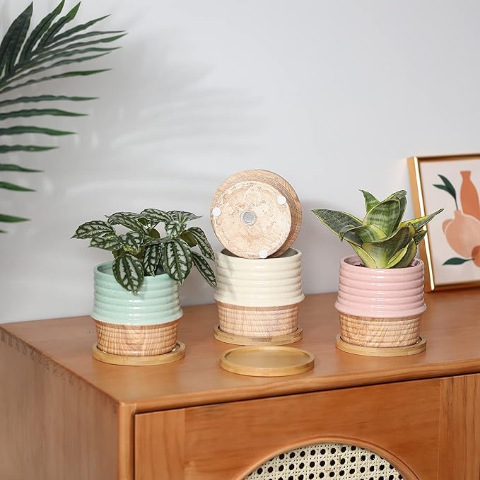 OMAYKEY 4 Inch Ceramic Plant Pot with Saucer, Water Transfer Printing Grain Planters Pots with Drainage Hole & Mesh Pads for Succulent, Indoor Flowers, Snake Plants, Cactus, Herbs, Set of 4