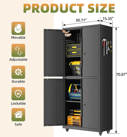 Garage Storage Cabinet with Wheels, Lockable Metal Storage Cabinet - Image 3