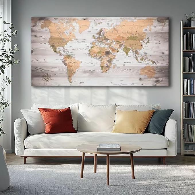 Large Wall Art grey map of The World Painting Ready to Hang 29"x58"Large Framed - Image 3