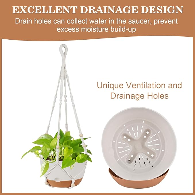 3 Pack Hanging Planters for Indoor Plants, 10 + 10 + 8 Inch Self-Watering Hanging Plant Pot, Macrame Plant Hanger with Pot, Ceiling Hooks, Removable Saucer and Drainage Holes for Garden Home - White