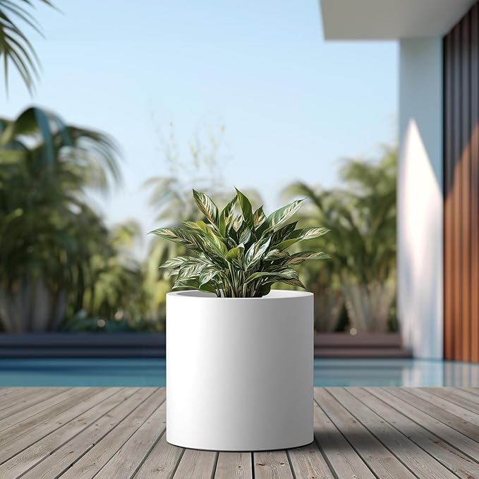 Kante 15.7" Dia Round Concrete Planter, Modern Style Large Cylindrical Plant Pot with Drainage Hole and Rubber Plug for Indoor Outdoor Patio, White