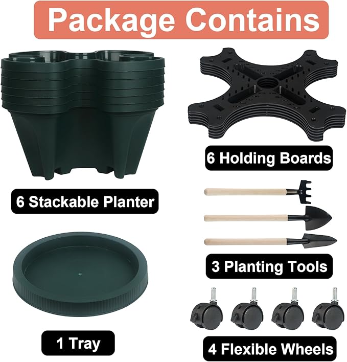 Vertical Planter 6 Tier Stackable Planters Garden Planters Strawberry Herb Flower and Vegetable Planter Indoor Outdoor Gardening Pots with Removable Wheels and Tools