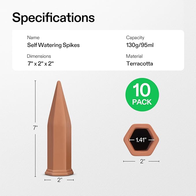 VIVOSUN 10Pcs Self-Watering Spikes, 7 Inch Hexagonal Terracotta Watering Stakes, Auto-Water Device, Planter Insert for Indoor & Outdoor Potted Plants, 10-Pack