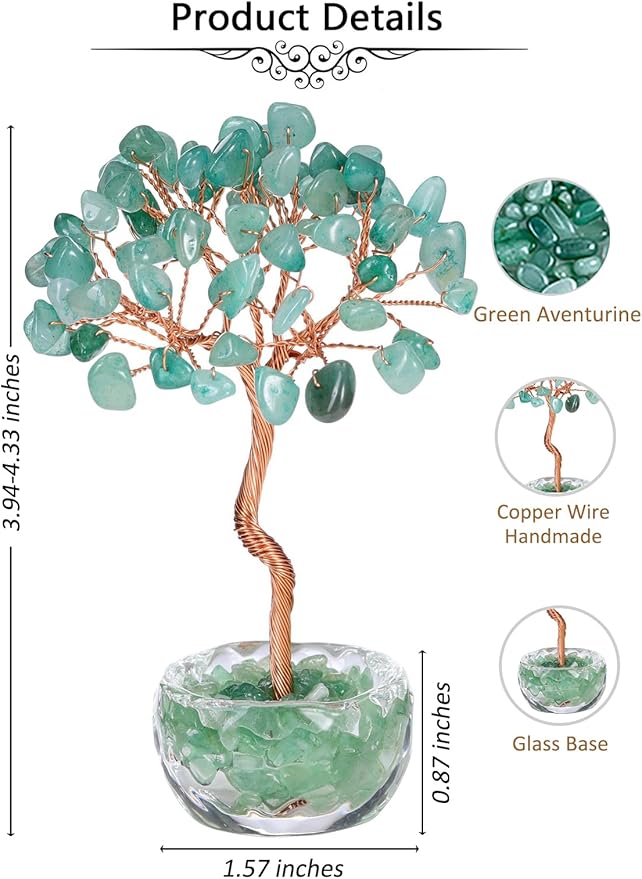 Jovivi Small Green Aventurine Crystal Tree, Natural Crystal Healing Stones Tree Glass Bowl Base Gemstone Money Trees Feng Shui Good Luck Home Desk Decor