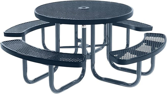 Heavy-Duty Portable Outdoor Picnic Table with Umbrella Hole, Expanded Metal Commercial-Grade Patio Furniture Made in America (46" Round Top, Dark Blue with Dark Blue Frames)