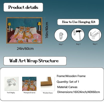 Framed Funny Tiger Wall Art, Eclectic Tigers Eating Pizza in Bed Pictures Wall - Image 5