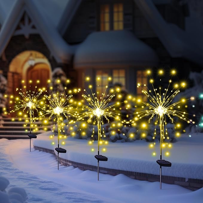 Solar Garden Firework Lights, 4 Pack, Waterproof, 120 LED, Outdoor, Warm White, Pathway, Patio, Party Decorations