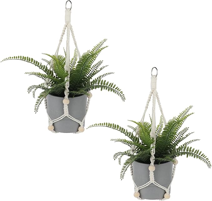Macrame Plant Hanger Indoor, 2 Pack Boho Decor Hanging Plant Holder Hanging Planters for Indoor Plants Window Plant Hanger Flower Pot Hanging Basket with Wood Beads and Metal Hook Rings Ivory 20 Inch