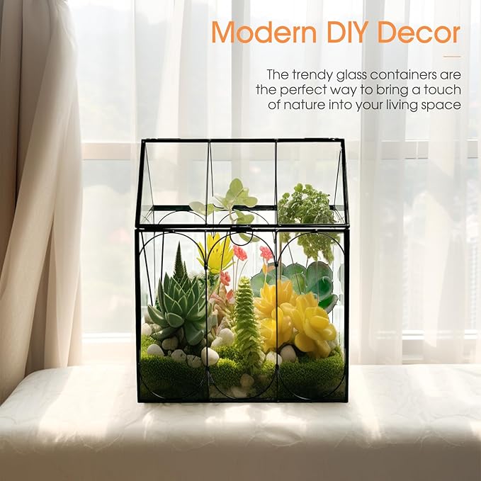 Plant Terrarium Jar, Rifny Indoor House Shape Glass Terrarium Planter with Lid for Venus Fly Trap Succulent Live Air Plants, Small Terrarium Decor for Home Office (Without Plants)