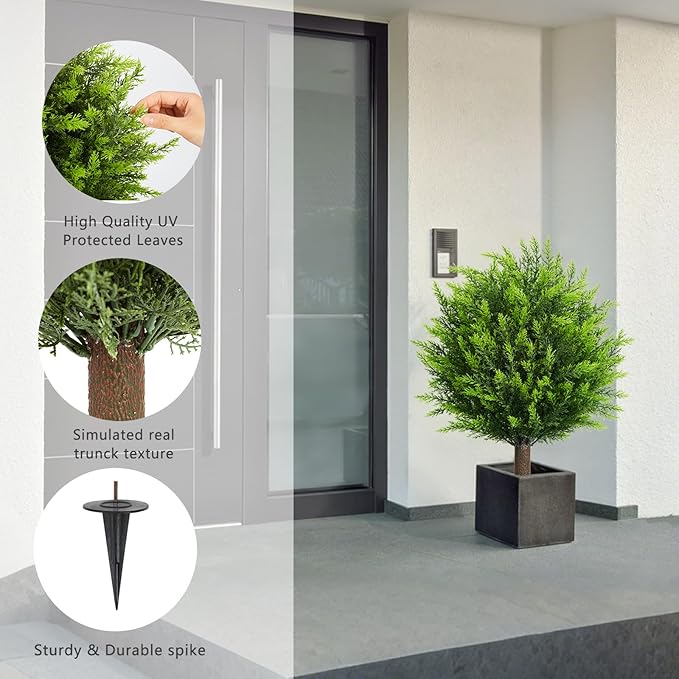 26.5" Artificial Cedar Topiary Ball Trees, Set of 2 UV Resistant Fake Evergreen Trees Shrubs Bushes Artificial Plants with Ground Spike Faux Cypress Plants for Indoor Outdoor Front Porch Garden