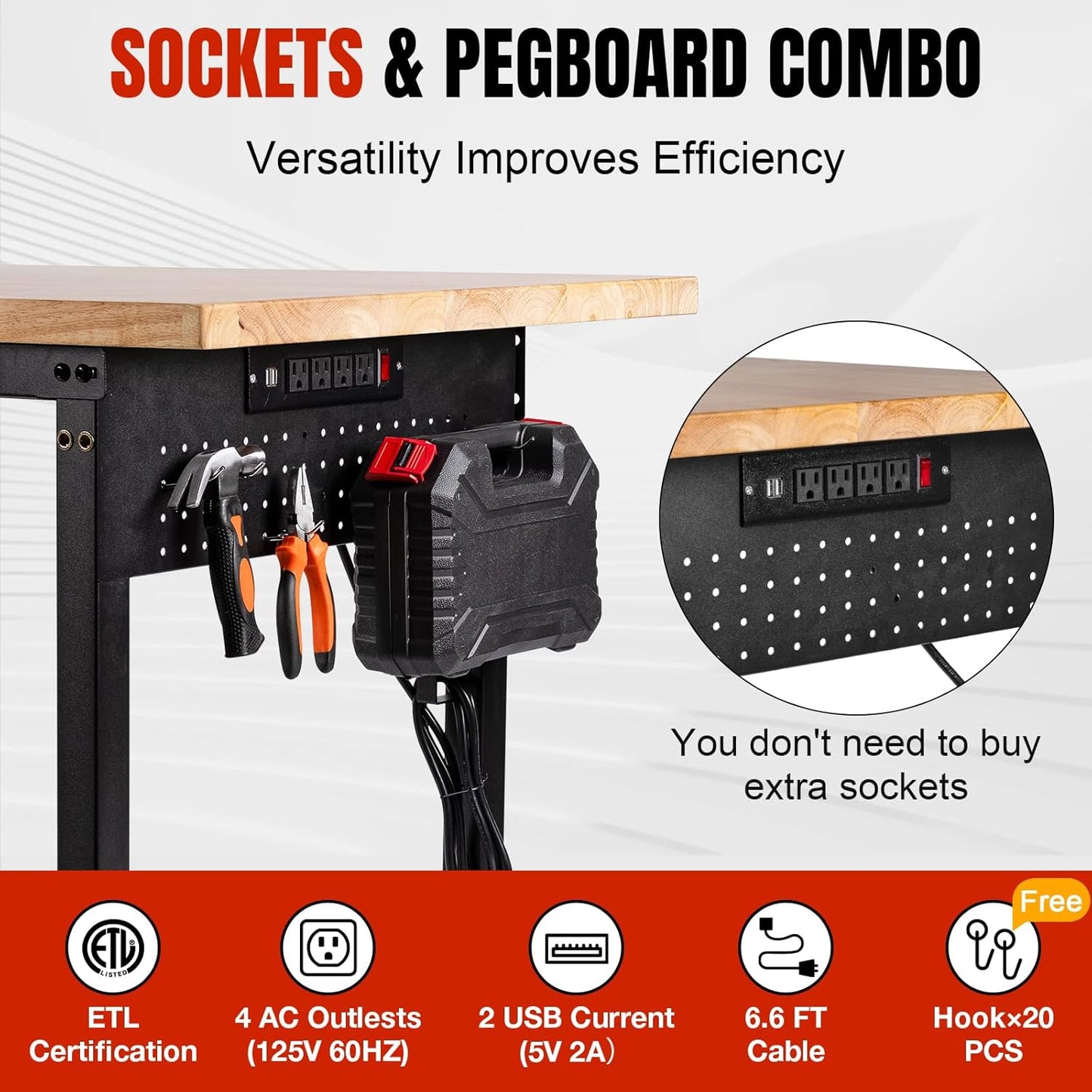 Height Adjustable Workbench with Wheels 60”×22” Heavy Duty Work Table 2000 LBS Capacity Rolling Work Table Rubber Wood Work Station with Power Outlet & Pegboard for Garage, Office, Workshop