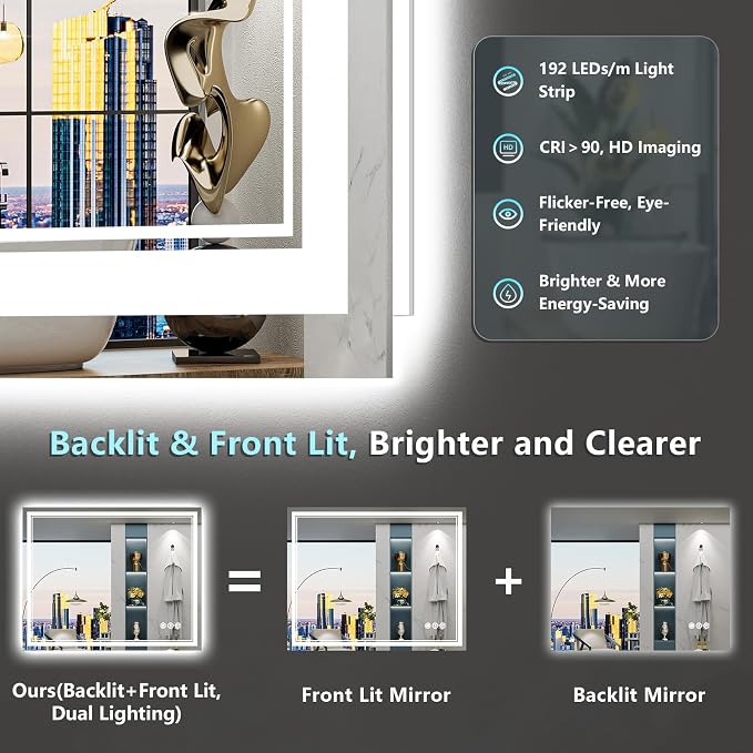 40x38 LED Bathroom Mirror with Lights, Backlit and Front Lit Anti-Fog Lighted - Image 3