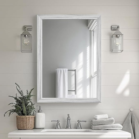 White Grey Wood Effect Framed Wall Mirror, 22x30 Rectangle Mirror, by Ultrue