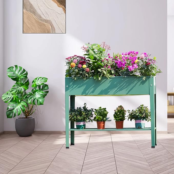 Raised Garden Bed, Elevated Planter Green Metal Plant Box with Legs Standing Garden Stand Drainage Holes Green (Green 40" L x 11" W x 31" H)