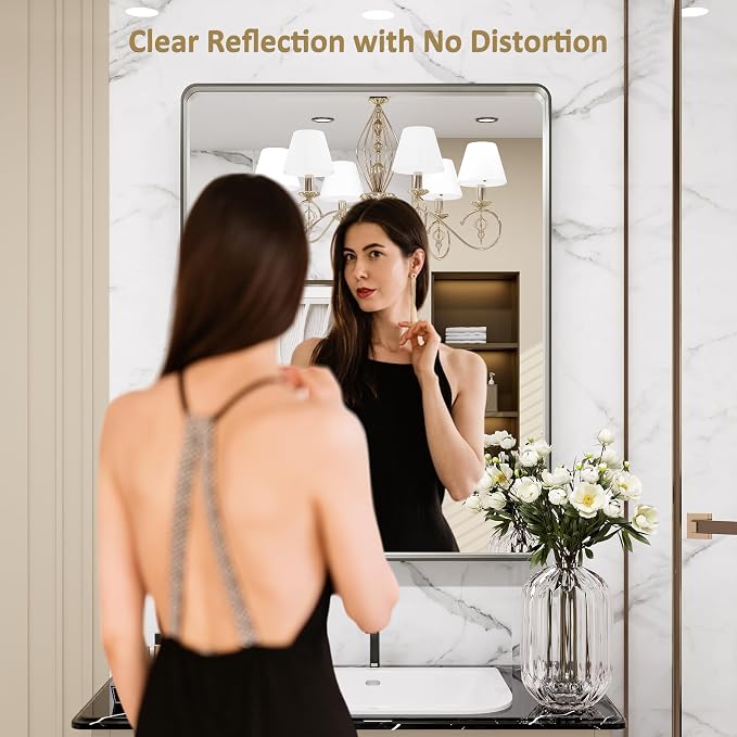 LOAAO 30X36 Inch Brushed Nickel Bathroom Mirror, Rounded Rectangle Silver Metal - Image 2