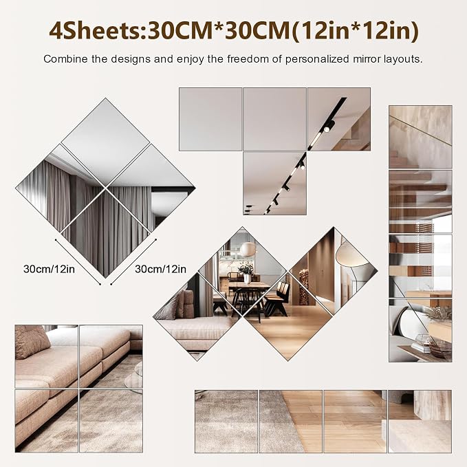 Shiftshade 4 Pack Wall Mirror Full Length, 12 x 12 Inch Acrylic Mirror Tiles - Image 2