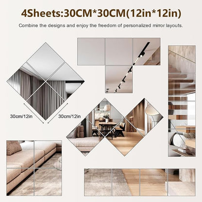 Shiftshade 4 Pack Wall Mirror Full Length, 12 x 12 Inch Acrylic Mirror Tiles - Image 2