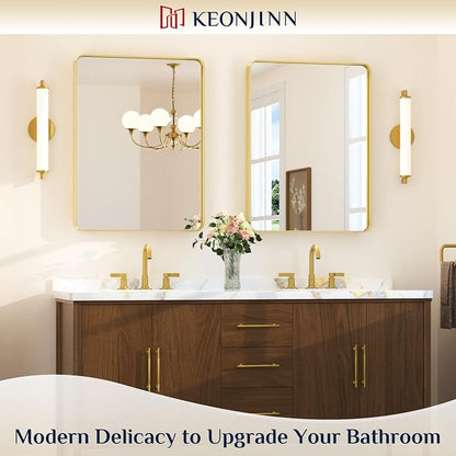 Keonjinn Gold Bathroom Mirrors for Vanity, 24 x 32 Inch Rounded Rectangle Gold - Image 2