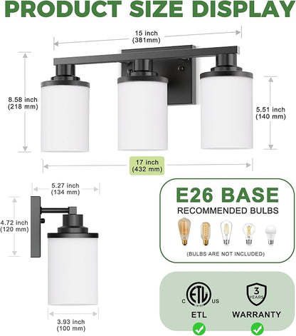 DORESshop 17 Inch Bathroom Light Fixtures, 3-Light Black Bathroom Vanity Light - Image 5