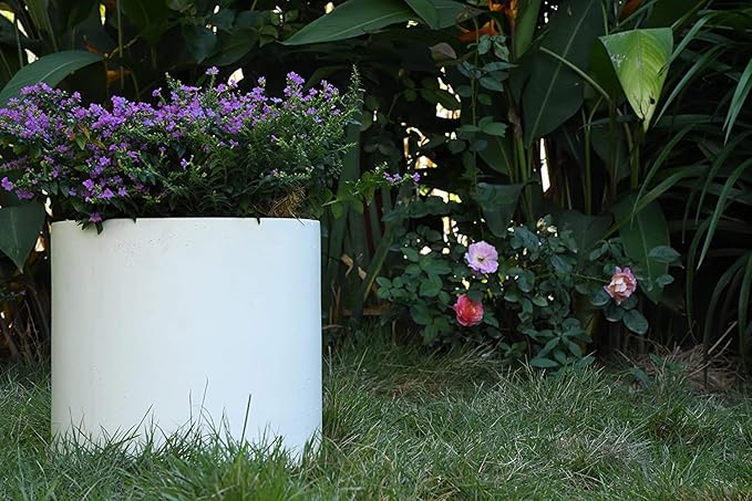 Kante 9.8" Dia Round Concrete Planter, Modern Style Large Cylindrical Plant Pot with Drainage Hole and Rubber Plug for Indoor Outdoor Patio, Pure White