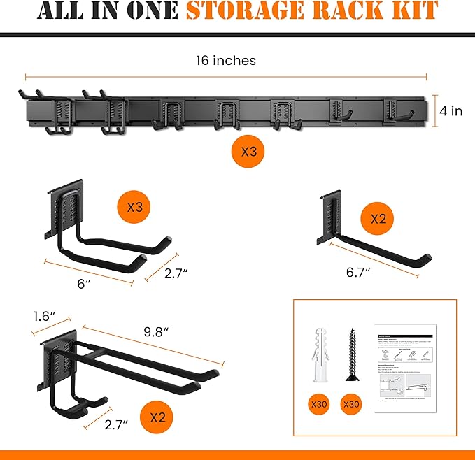 Garage Storage, Garage Organization, Garage Tool Organizer Wall Mount, Garden Tool Organization and Storage 48.1 Inches, Max 450lbs Adjustable Metal Hooks, Hangers Garden Yard Tool Rack,
