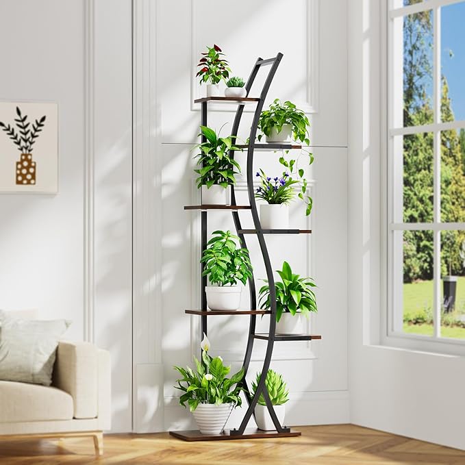 62" Tall Plant Stand with Grow Light Indoor, 7 Tiered Metal Plant Shelf Bookshelf, Curved Corner Flower Stand Display Storage Rack Holder for Living Room, Balcony Decor